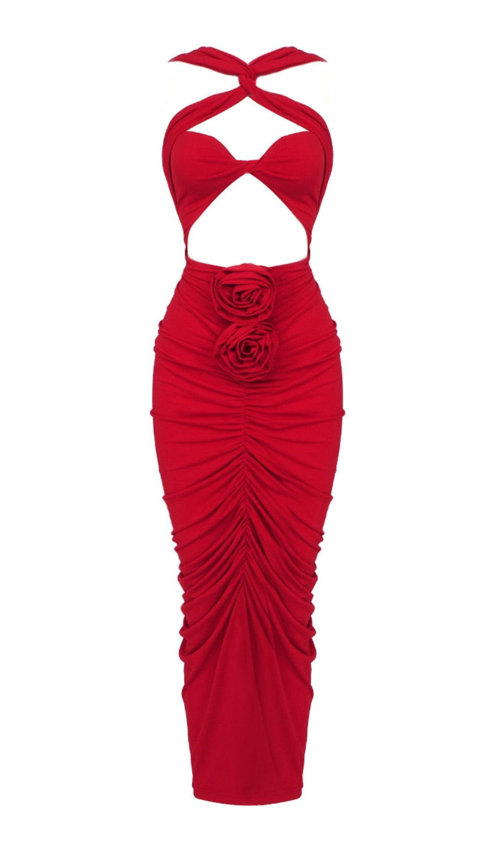 Vestido largo rojo con escote halter y aberturas 