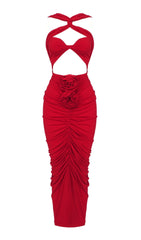 Vestido largo rojo con escote halter y aberturas 