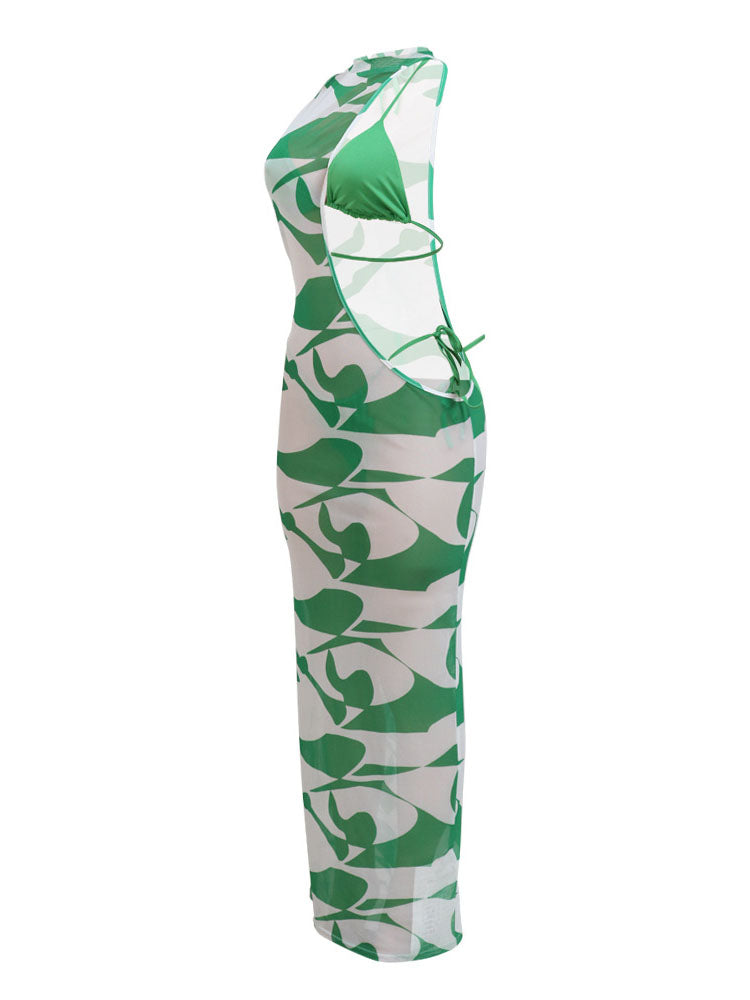 Maxikleid aus Netzstoff mit unregelmäßigem Print und Bikini-Set
