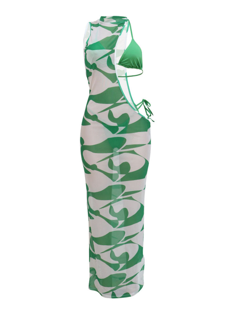 Maxikleid aus Netzstoff mit unregelmäßigem Print und Bikini-Set