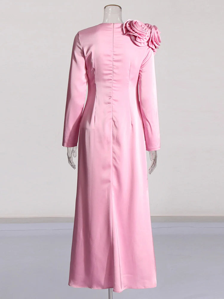 Flower Round Neck Slim Long Sleeve Maxi Dresses
