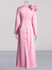 Flower Round Neck Slim Long Sleeve Maxi Dresses