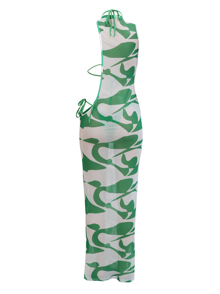 Maxikleid aus Netzstoff mit unregelmäßigem Print und Bikini-Set
