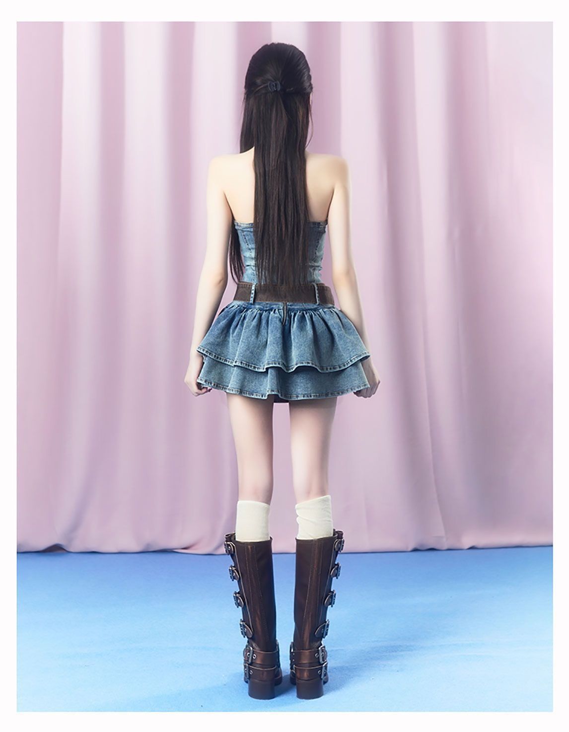 Ribbon chest strapless denim dress