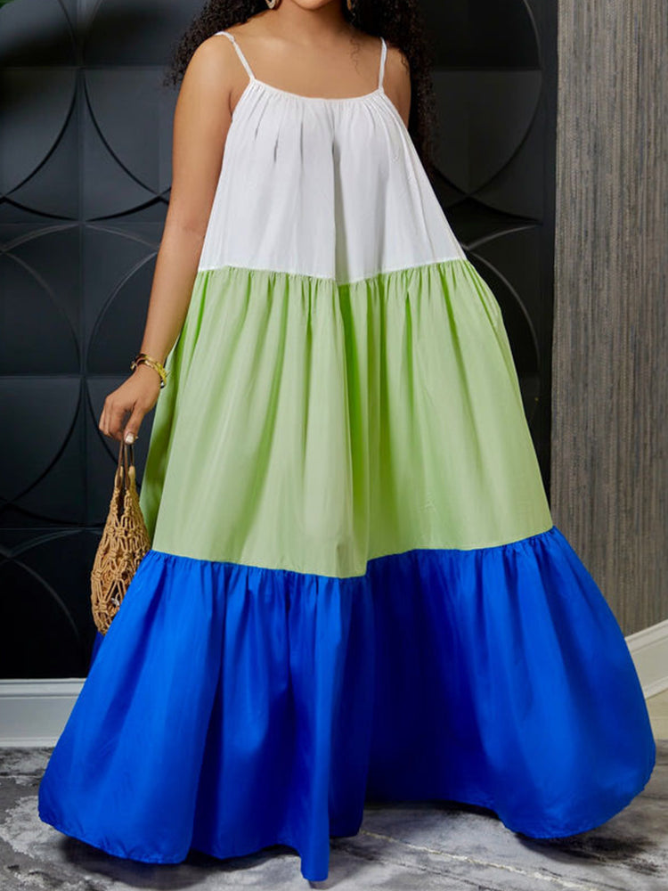 Vestido largo con bloques de color y tirantes finos
