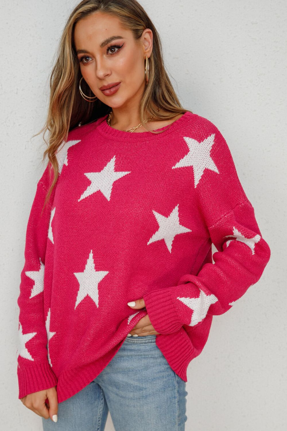 Star Pattern Dropped Shoulder Ribbed Trim Sweater