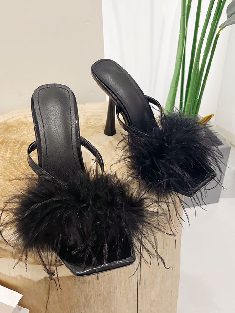 High Heel Pantoletten aus Federfell