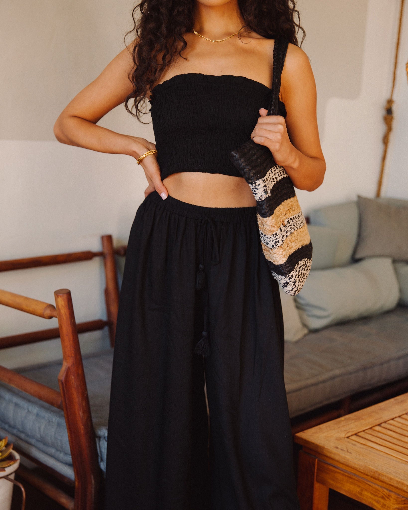 Teri Linen Blend Smocked Tube Top - Black - FINAL SALE