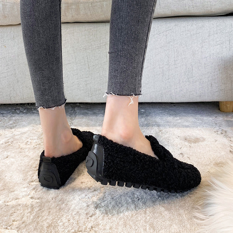 Lindos mocasines planos de piel de cordero cálidos para el invierno