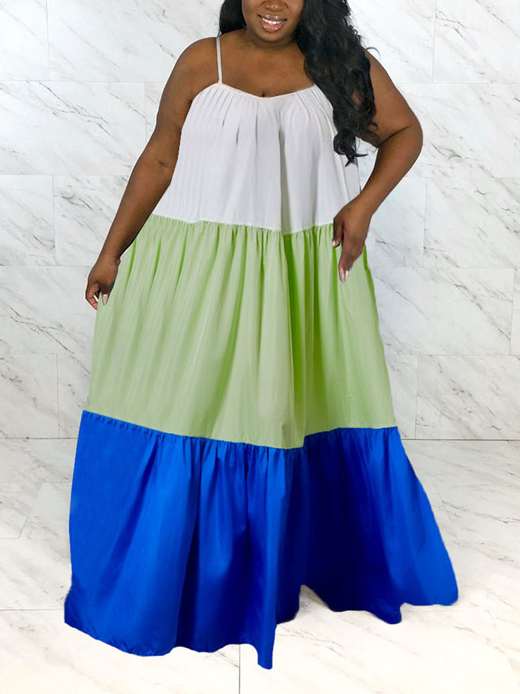 Vestido largo con bloques de color y tirantes finos