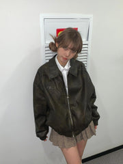 Chaqueta de cuero sintético para motocicleta con lavado vintage