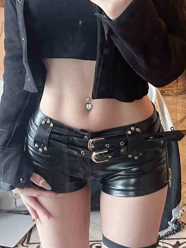 Pantalones cortos de cuero PU estilo hip hop oscuros y huecos