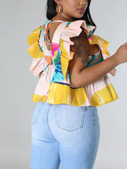 Süßes bedrucktes Volant-Top mit V-Ausschnitt