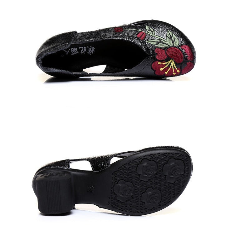 Zapatos de tacón alto con bordado hecho a mano y zapatos de cuero ahuecados