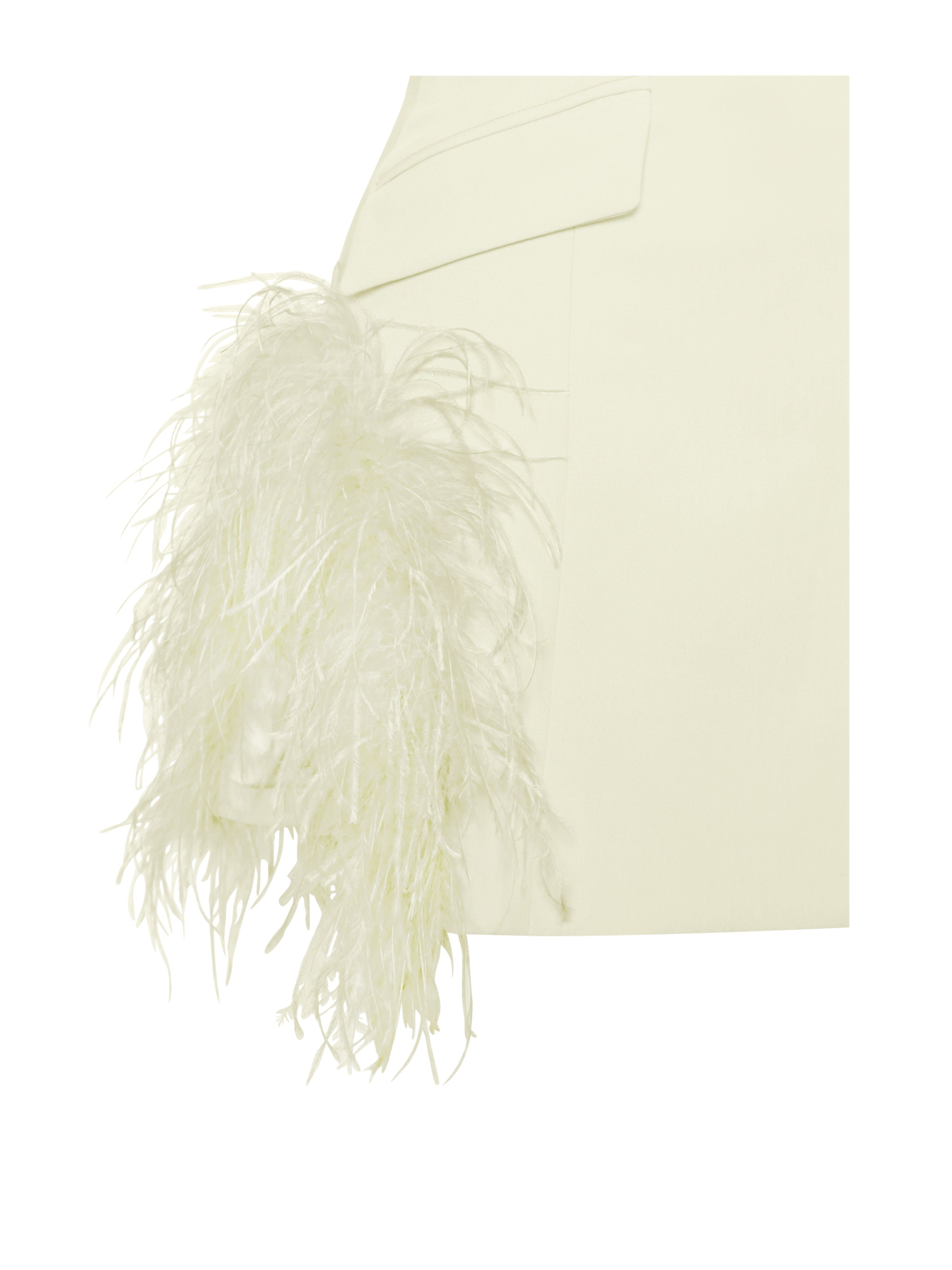 Vestido blazer con ribete de plumas en blanco perla