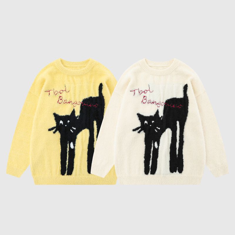 Suéter jacquard con estampado de gato de dibujos animados