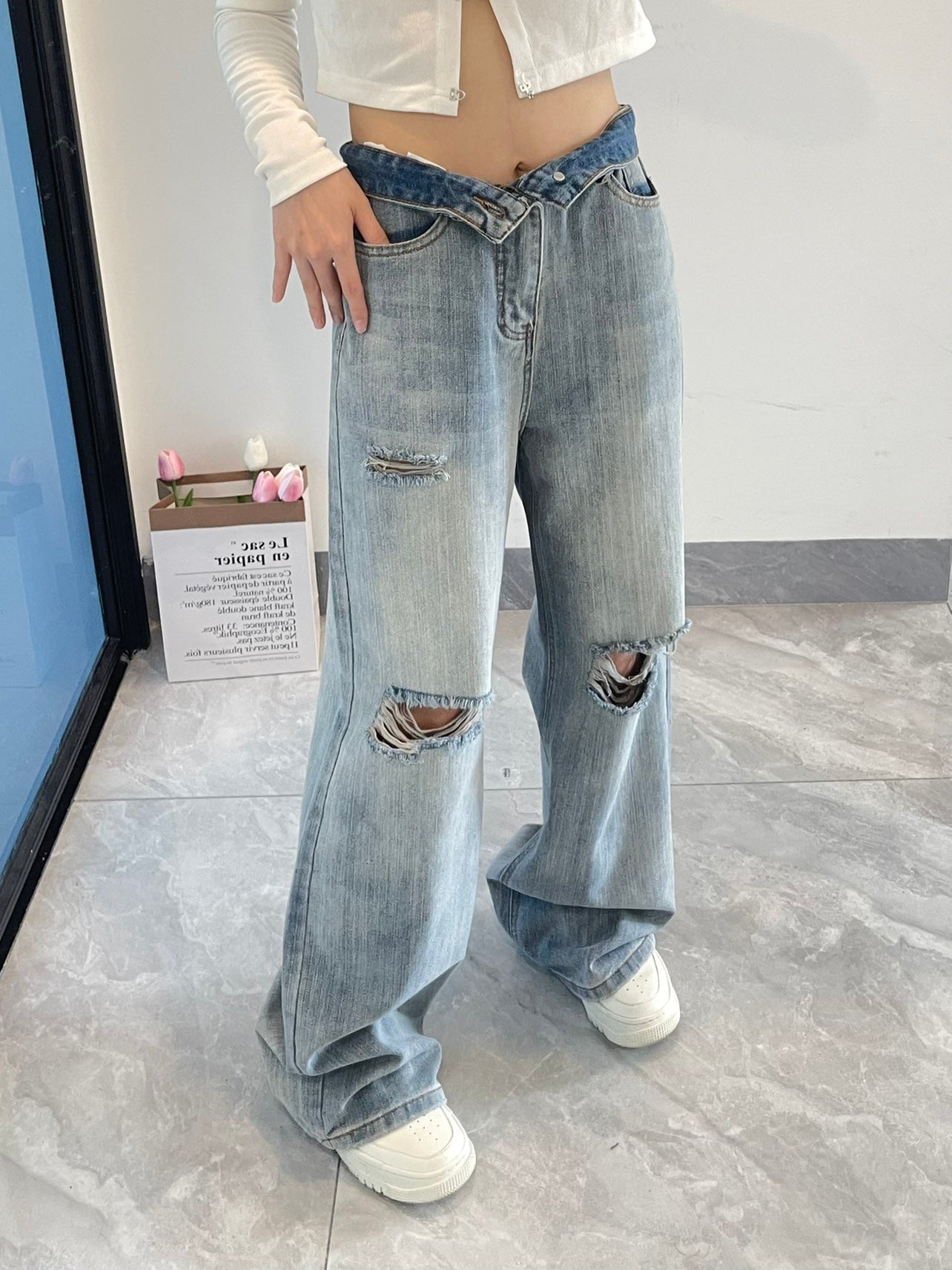 Vintage Baggy Knie zerrissene Jeans
