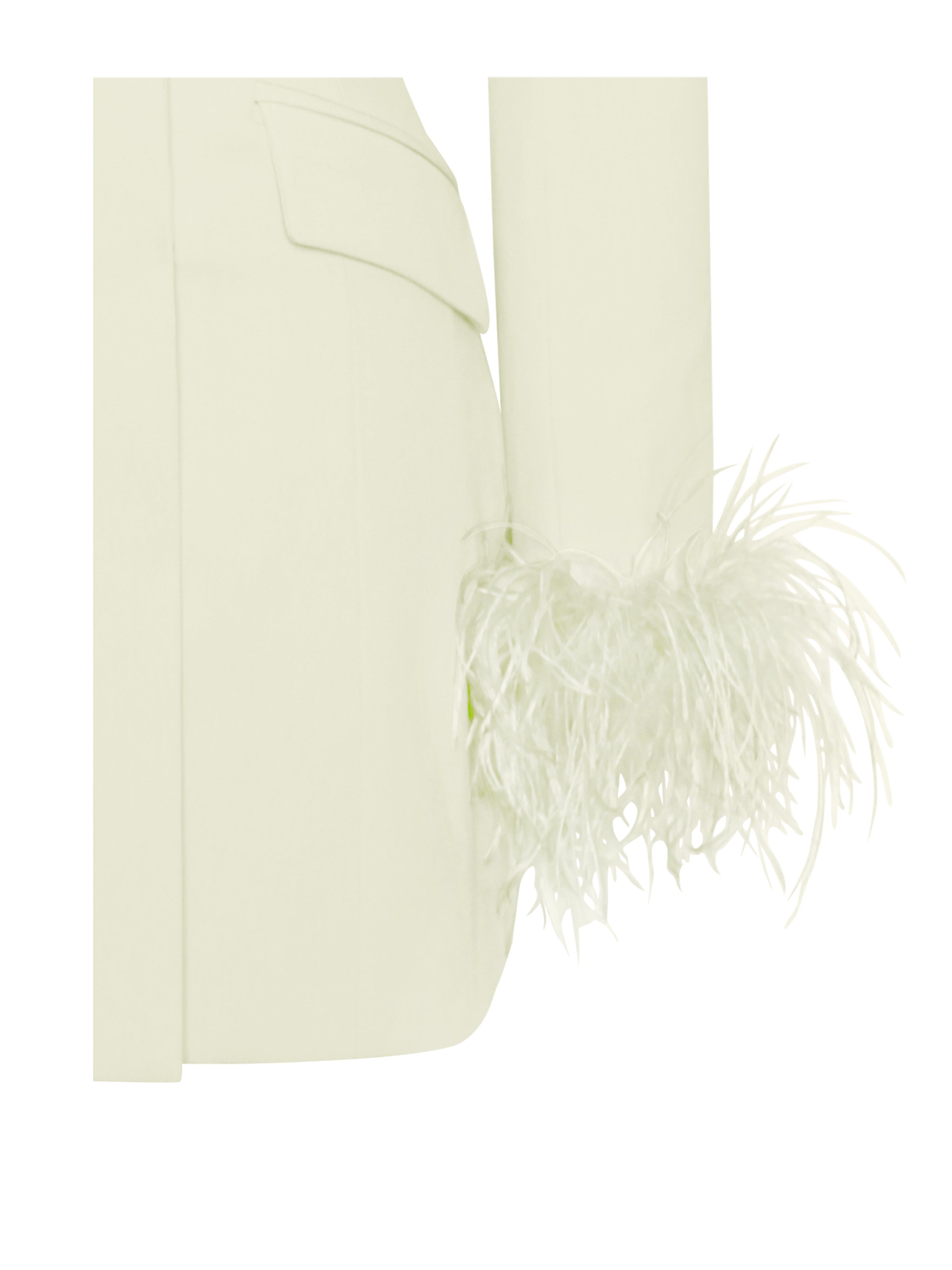 Vestido blazer con ribete de plumas en blanco perla
