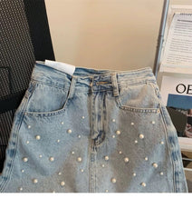 Rivet embellished layered denim skirt