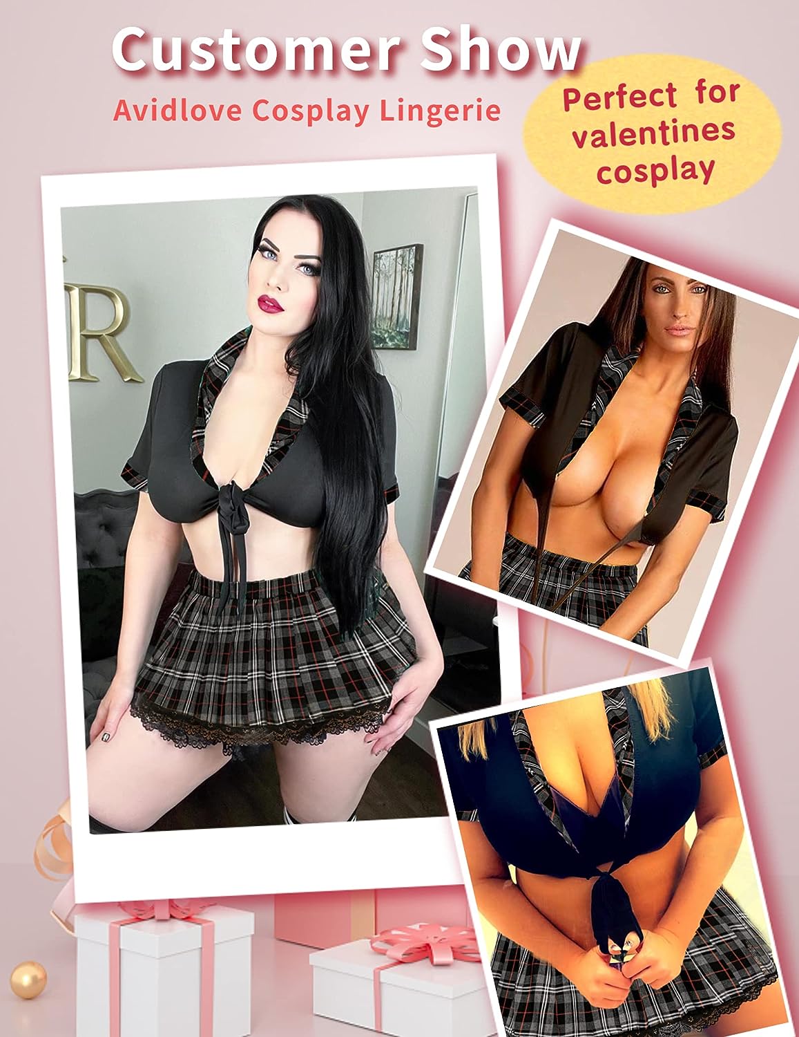 Avidlove Lingerie Set for Two Piece Lingerie Outfits with Tie Top and Mini Pleated Skirt