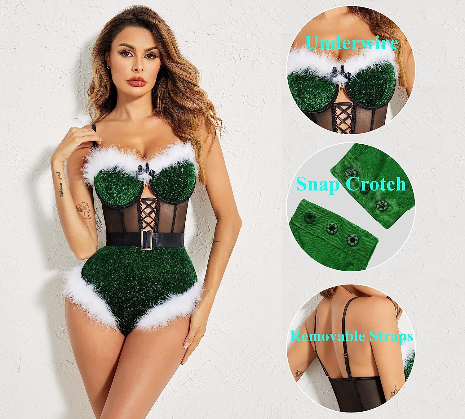 Avidlove Dessous für Bodysuit mit Druckknopfverschluss im Schritt, Weihnachtsmannkostüme, tiefer V-Ausschnitt, Boudior-Outfits mit Bügel und Gürtel