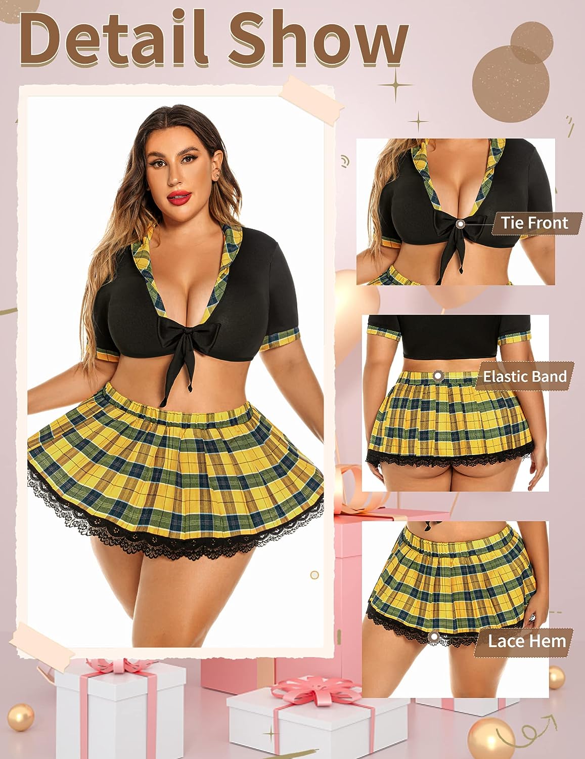 Avidlove Lingerie Set for Two Piece Lingerie Outfits with Tie Top and Mini Pleated Skirt