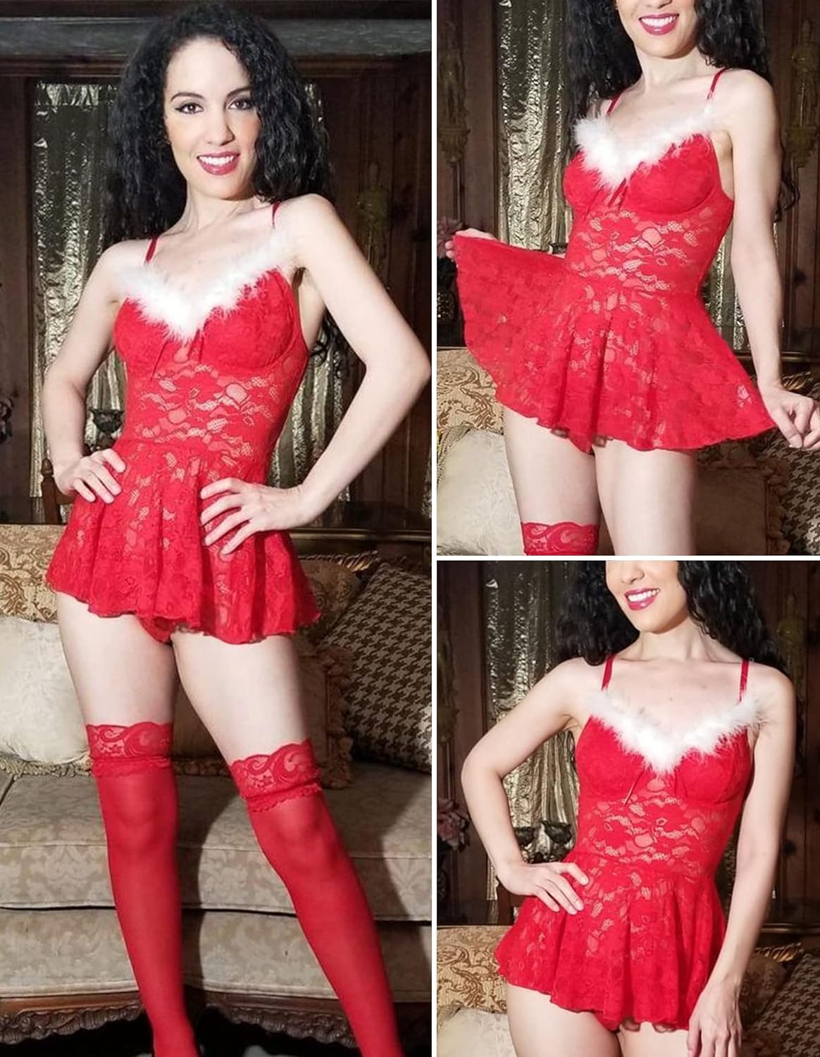 Avidlove Weihnachts-Dessous für den Weihnachtsmann, Babydoll, V-Ausschnitt, Urlaubs-Dessous, Weihnachts-Spitzen-Chemise-Kleid
