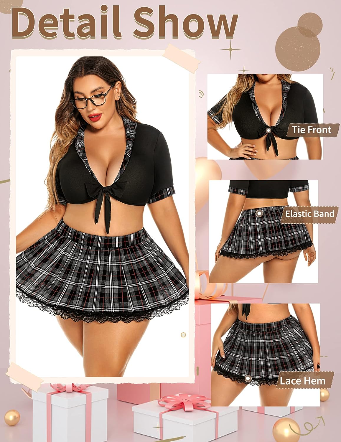 Avidlove Lingerie Set for Two Piece Lingerie Outfits with Tie Top and Mini Pleated Skirt