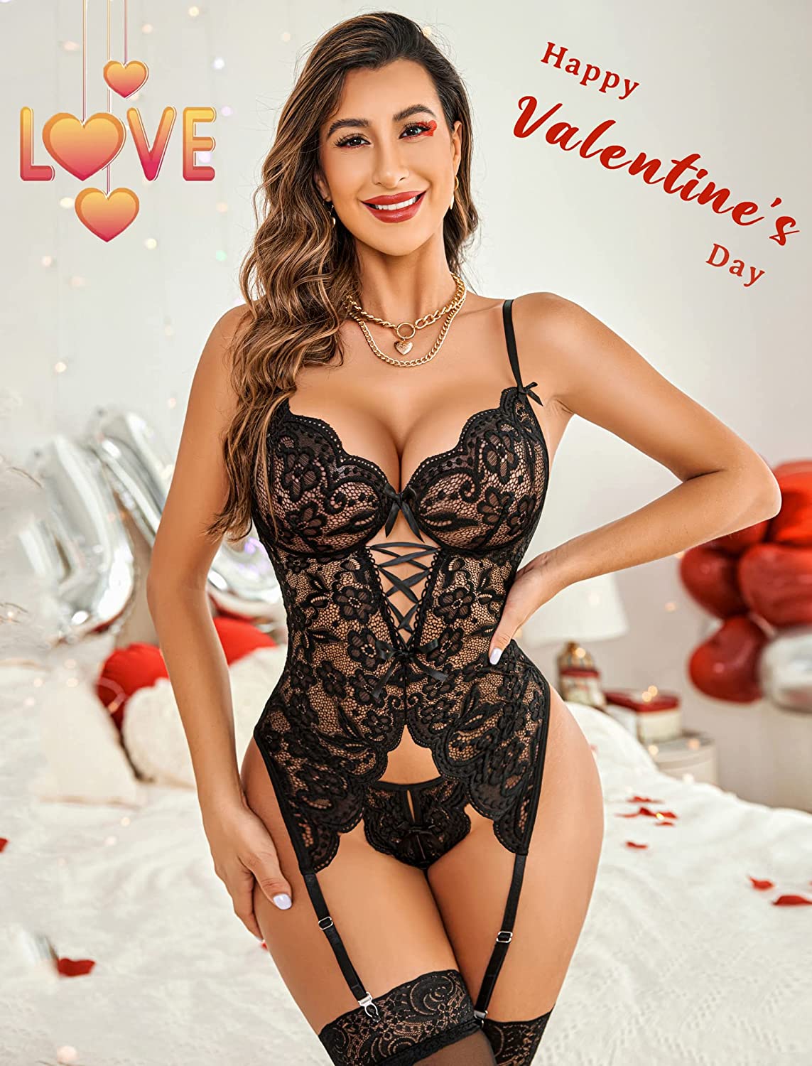 Avidlove Spitzen-Dessous-Set mit Strumpfhaltern, Spitzen-Bodysuit, Teddy mit Höschen