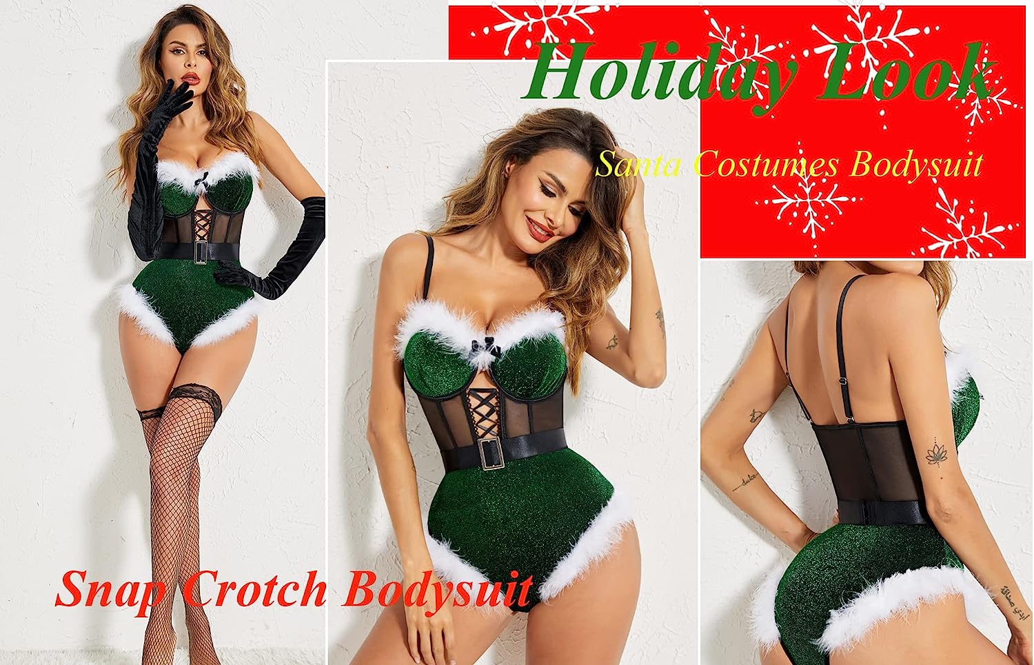 Avidlove Dessous für Bodysuit mit Druckknopfverschluss im Schritt, Weihnachtsmannkostüme, tiefer V-Ausschnitt, Boudior-Outfits mit Bügel und Gürtel