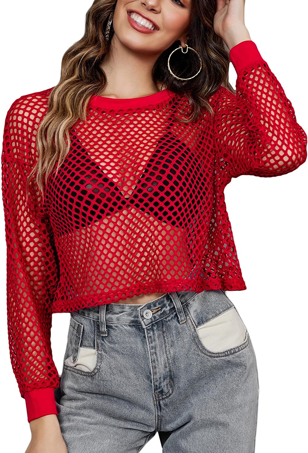 Avidlove Sheer Fishnet Top Short Sleeves Net T Shirts Crop Top