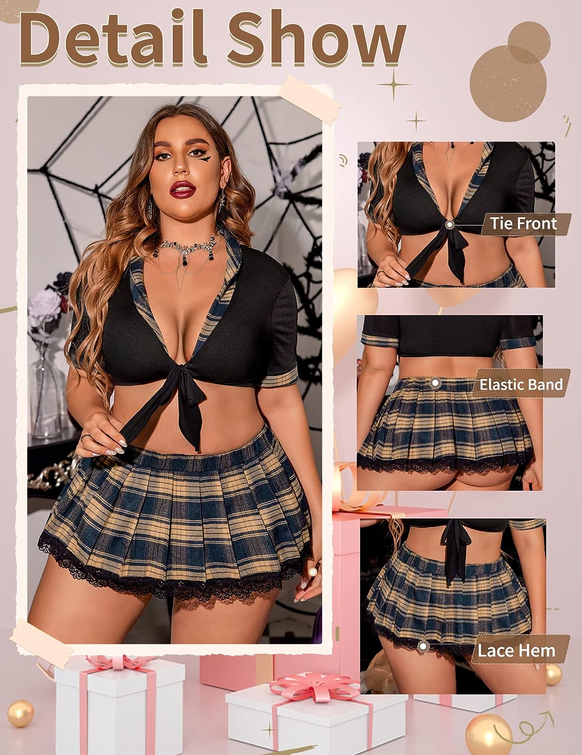 Avidlove Lingerie Set for Two Piece Lingerie Outfits with Tie Top and Mini Pleated Skirt