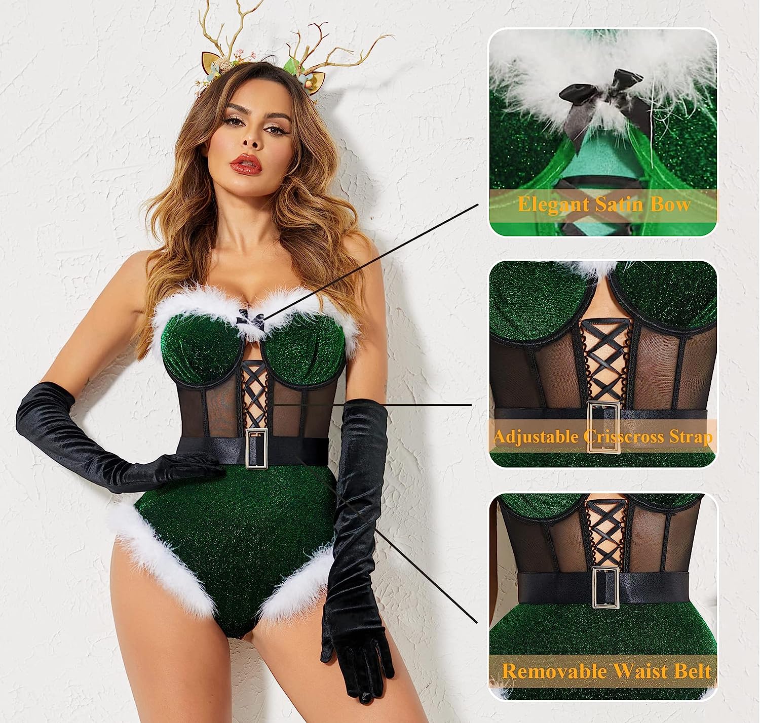 Avidlove Dessous für Bodysuit mit Druckknopfverschluss im Schritt, Weihnachtsmannkostüme, tiefer V-Ausschnitt, Boudior-Outfits mit Bügel und Gürtel