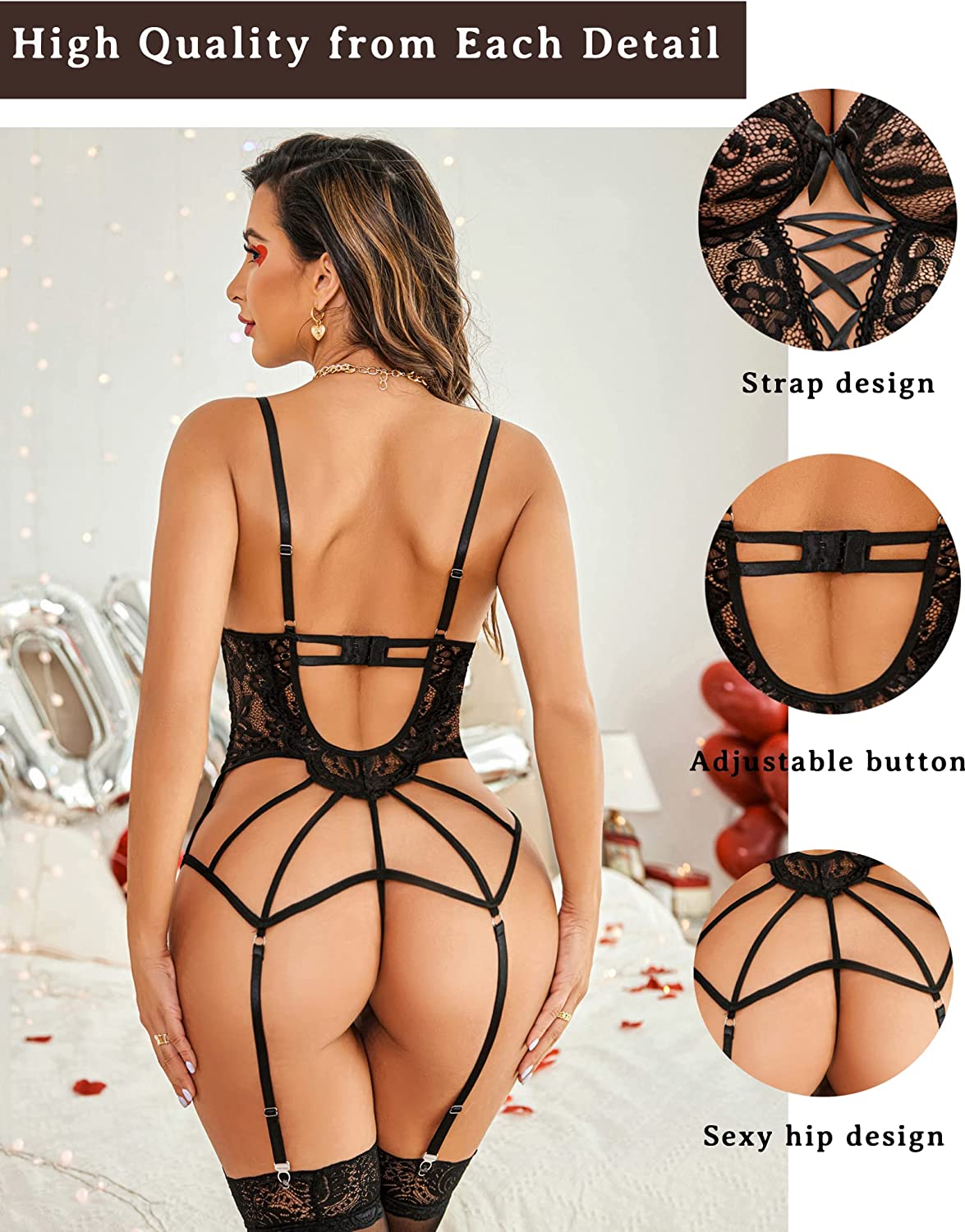 Avidlove Spitzen-Dessous-Set mit Strumpfhaltern, Spitzen-Bodysuit, Teddy mit Höschen