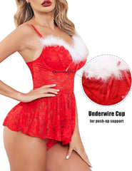 Avidlove Weihnachts-Dessous für den Weihnachtsmann, Babydoll, V-Ausschnitt, Urlaubs-Dessous, Weihnachts-Spitzen-Chemise-Kleid