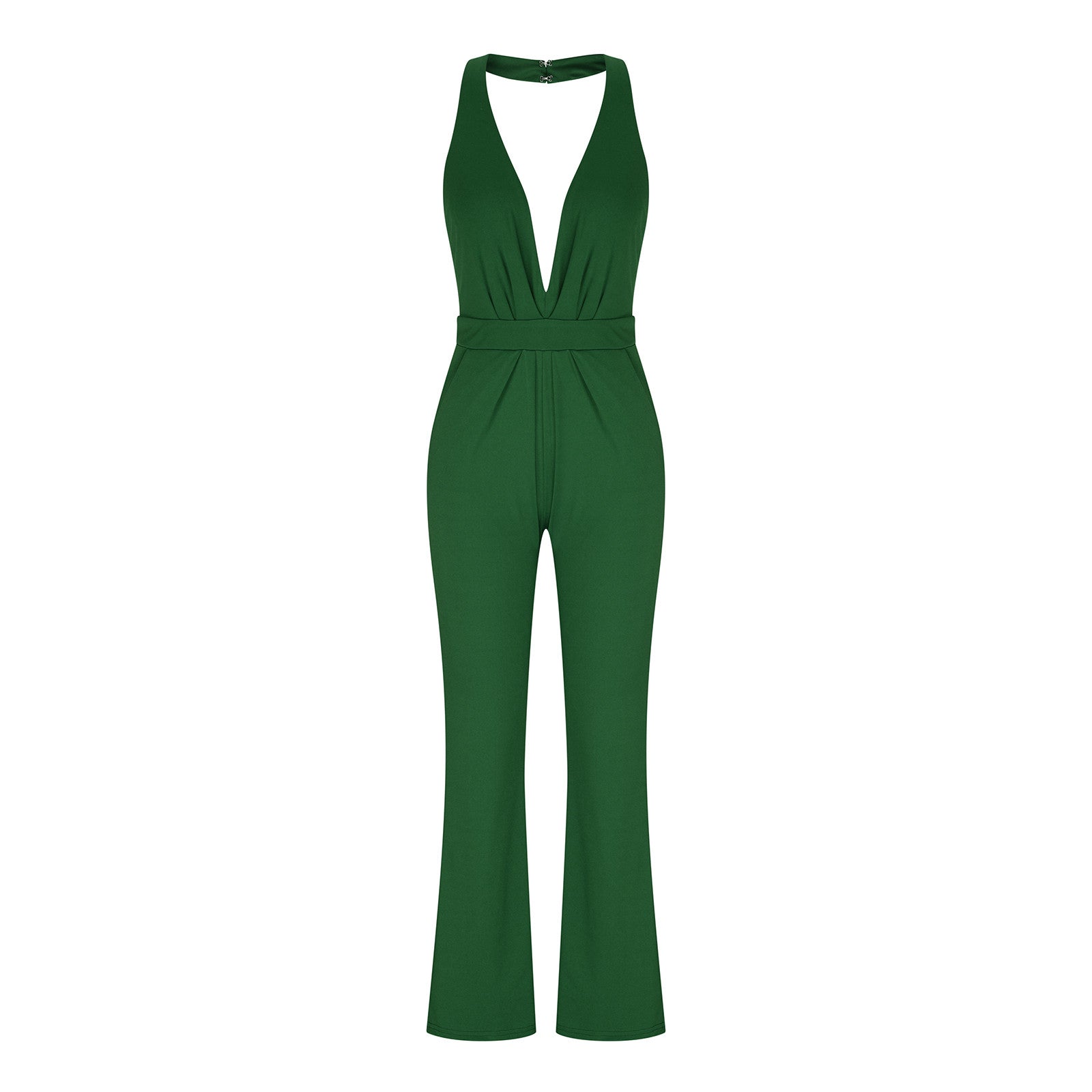 Schmaler Jumpsuit mit V-Ausschnitt, offener Rückentasche