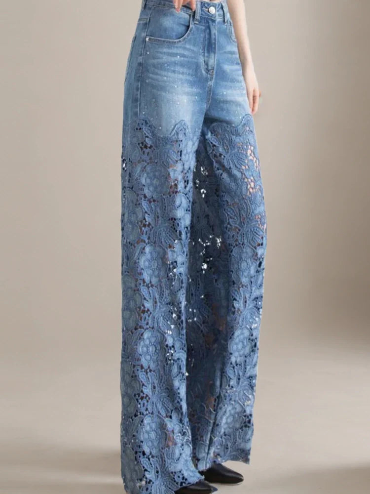 Aushöhlen Spitze Patchwork Weite Beinhose Jeans