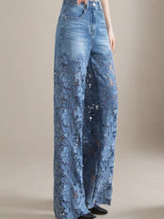 Aushöhlen Spitze Patchwork Weite Beinhose Jeans