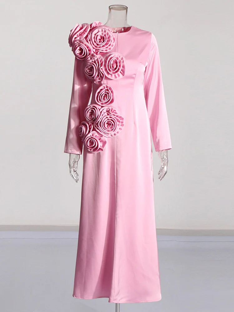 Flower Round Neck Slim Long Sleeve Maxi Dresses