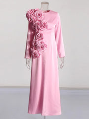 Flower Round Neck Slim Long Sleeve Maxi Dresses