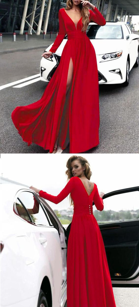 Langärmliges bodenlanges V-Ausschnitt-Split-Mode-Damenkleid