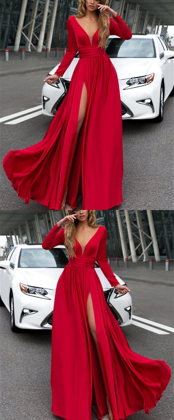 Langärmliges bodenlanges V-Ausschnitt-Split-Mode-Damenkleid