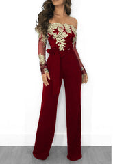Casual Water Soluble Lace off Neck Wide Leg Jumpsuit