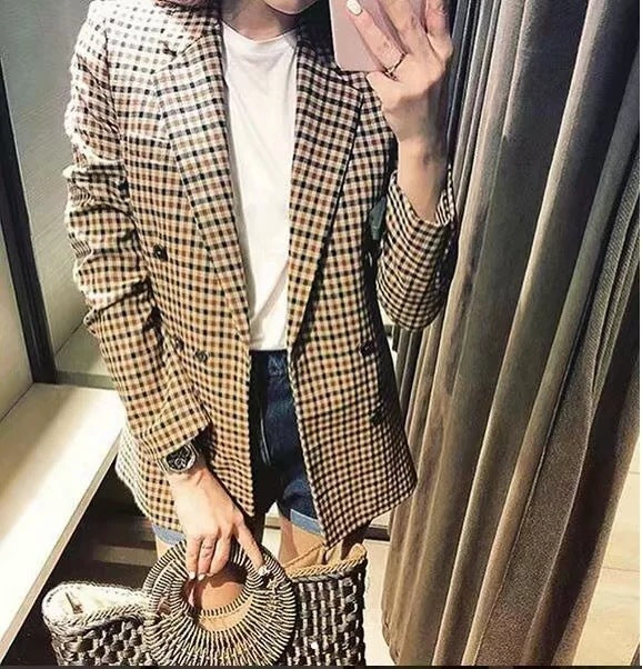 Blazers Lapel Check Pocket Button Blazer Ins Street