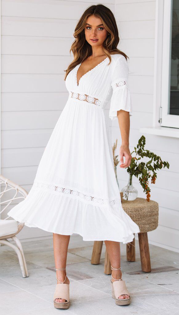 Midikleid aus Baumwollspitze mit V-Ausschnitt
