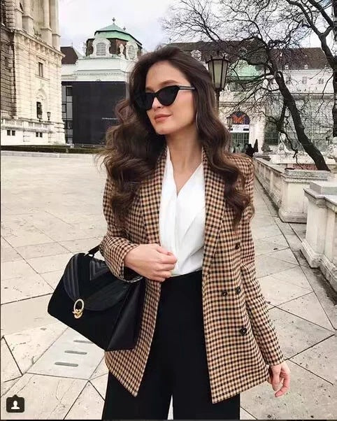 Blazers Lapel Check Pocket Button Blazer Ins Street