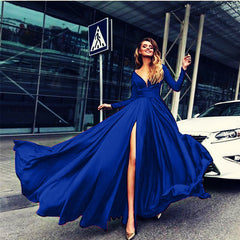 Langärmliges bodenlanges V-Ausschnitt-Split-Mode-Damenkleid