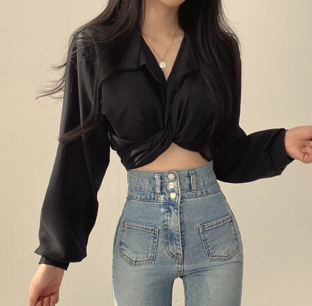Vittoria Kurze Bluse mit Bindeband vorne - Mittelgrau
