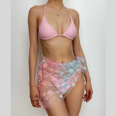 Neckholder-Badeanzug zum Selbstbinden, gepolstert, kontrastierendes Blumenmuster, 3-teilig