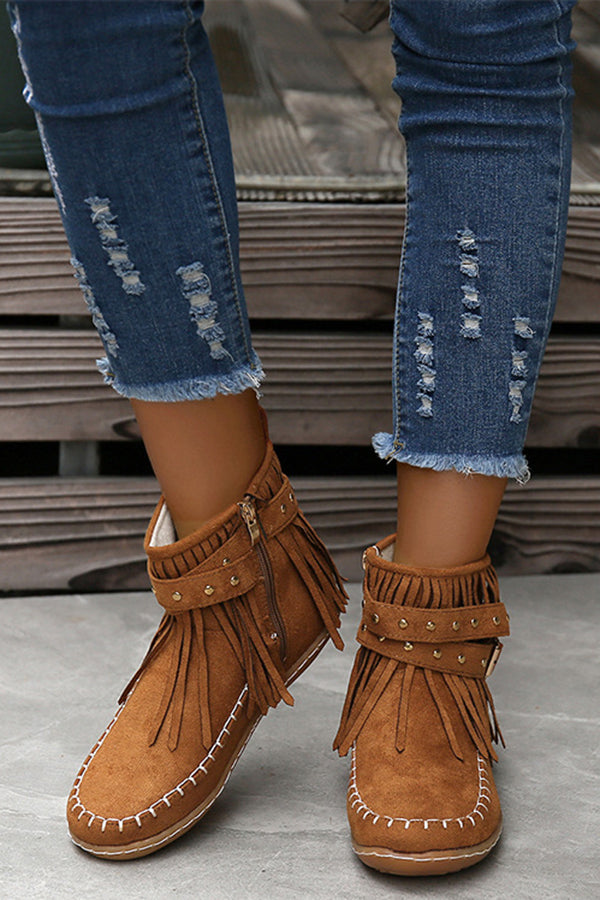 Casual Warm Solid Color Side Zipper Low-Cut Tassel Flat Ankle Boots NewGew